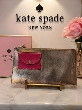 Kate spade New York Metallic Rose Gold Clutch with Pink Pocket